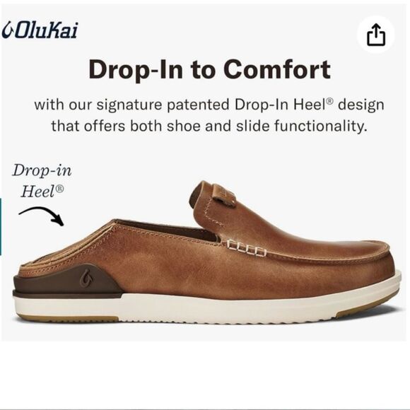 OluKai Kakaha Slip On Fox Brown Tan Leather Loafers Sneakers Drop In Heel 9.5 - Picture 14 of 16